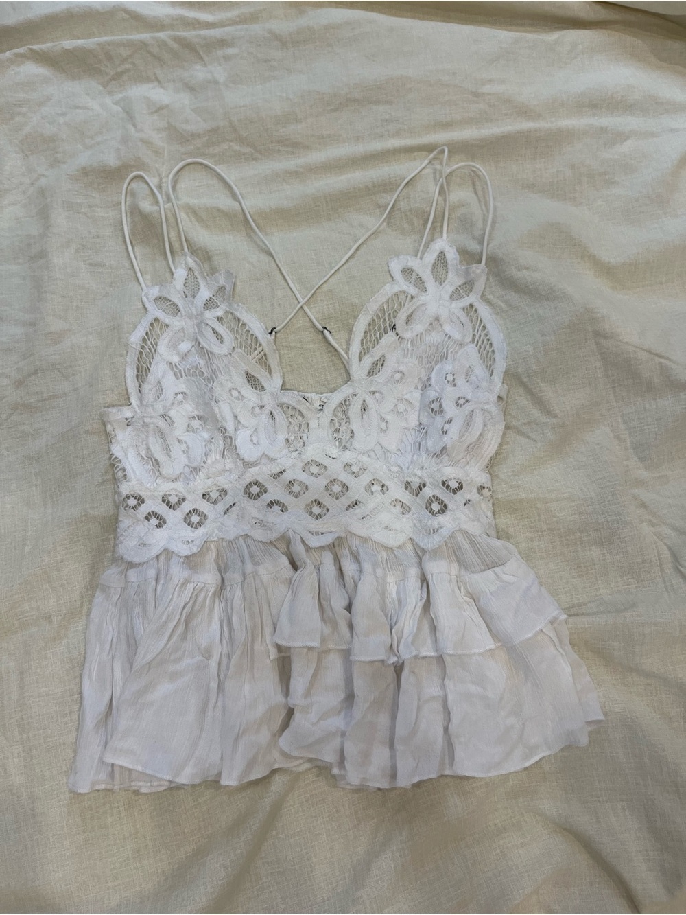 Free People White Lace Crochet Ruffled Cami